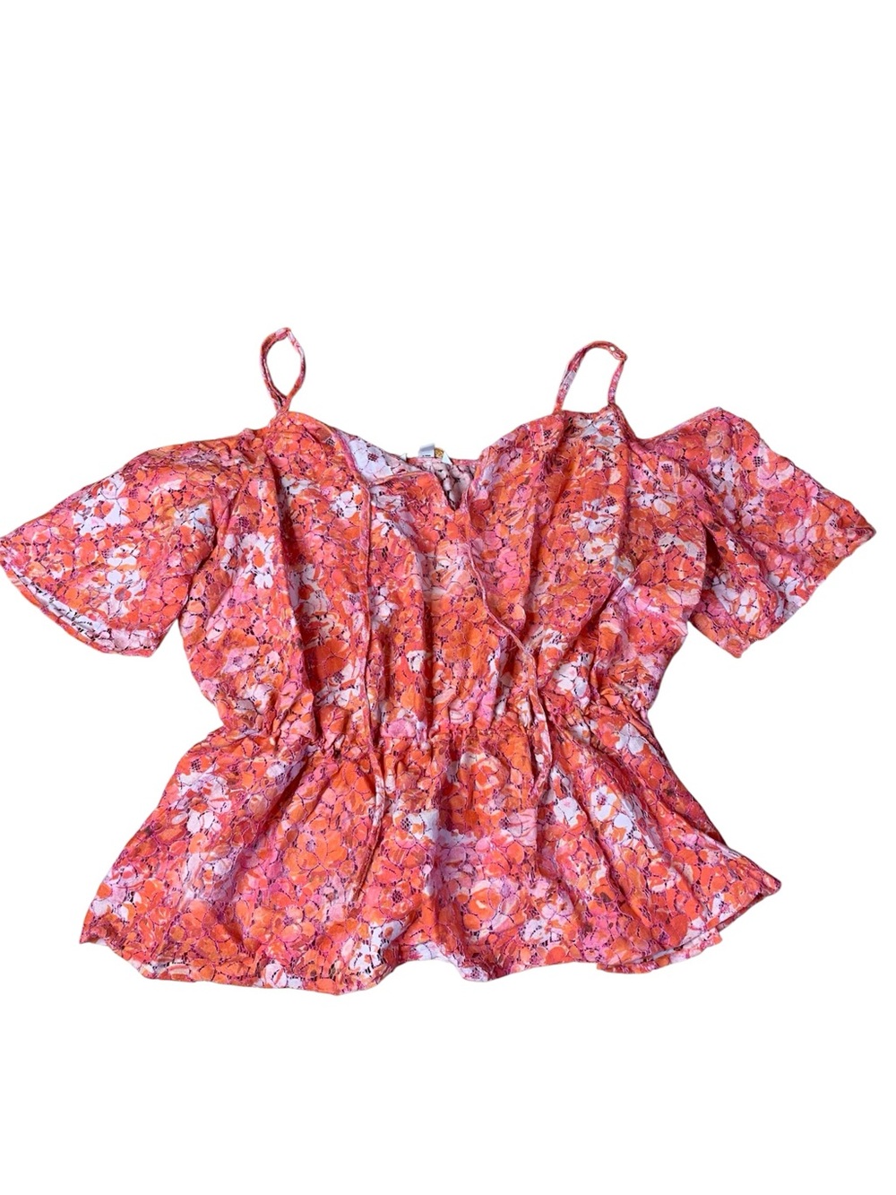 GUESS Orange & Pink Floral Lace Cold Shoulder Top – Size Large
